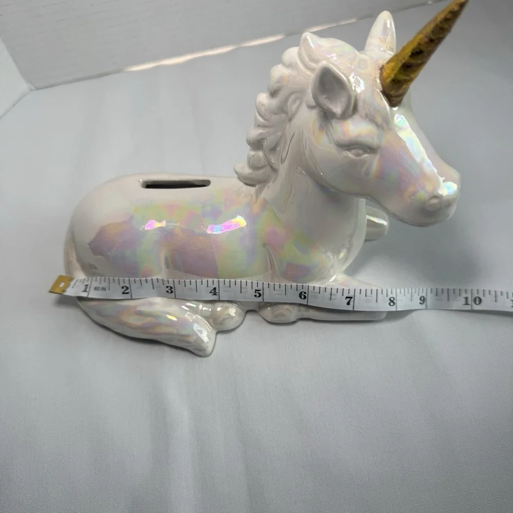 Iridescent Ceramic Unicorn Piggy Bank Gold Horn Rainbow Glaze Coin Bank Fantasy